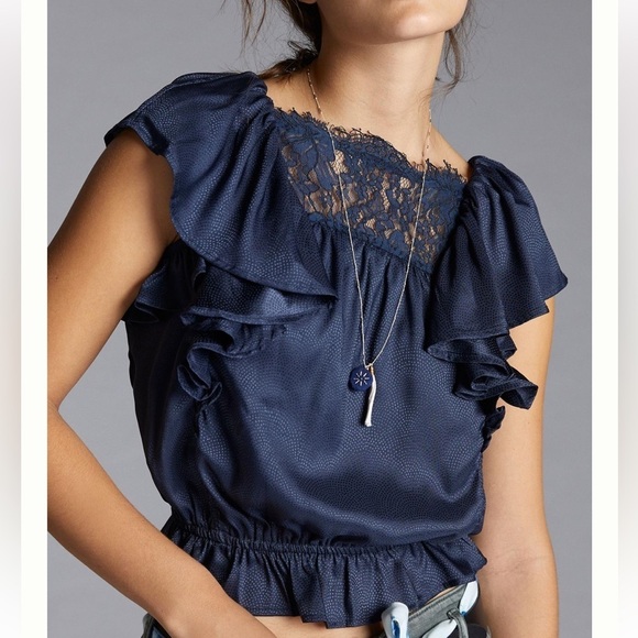 Anthropologie Tops - Anthropologie Navy Lace Ruffle Blouse
